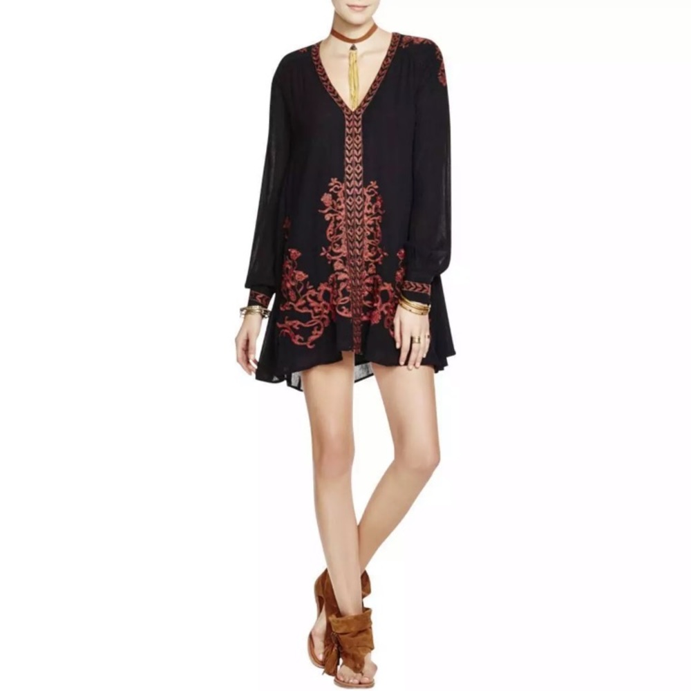 Free People Black Mini Dress with Red Embroidery